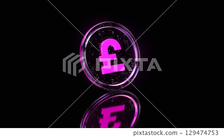 Futuristic Pink transparent glass Pound Coin on dark background. 3D Digital Currency Concept 129474753