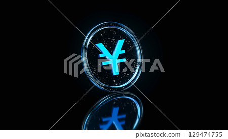 Futuristic blue transparent glass Yen Coin on dark background. 3D Digital Currency Concept 129474755