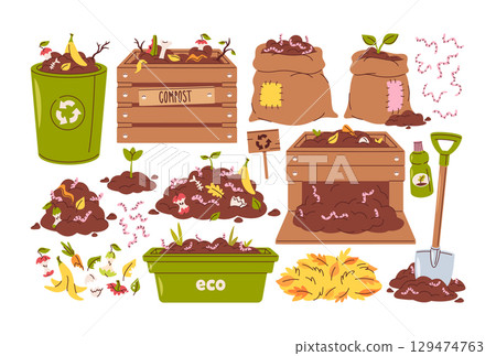 Organic composting and recycling elements set with eco-friendly waste heap, bins, wood crate, sacks 129474763