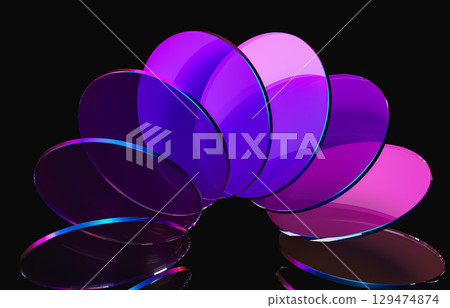 Abstract dynamic layered transparent crystal glass on dark background. 3d rendering 129474874