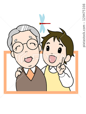 A caregiver and an elderly person find a dragonfly and look at it with a smile 129475108