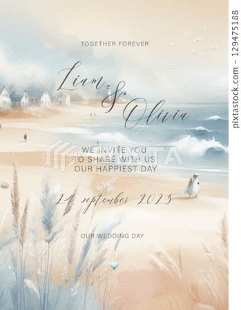 Elegant Wedding Invitation with Calligraphy and Watercolor Sea Illustration. Elegant Wedding Invitation with Calligraphy and Watercolor Sea Illustration. 129475188
