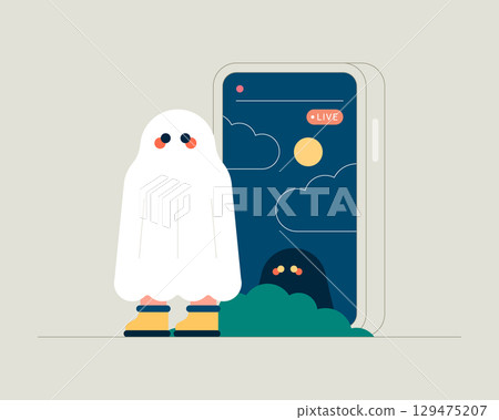 Cartoon ghost live streaming. Halloween festive. Real-time communication, social media interaction, and online engagement. Vector illustration. Cartoon ghost live streaming. Halloween festive. Real-time communication, social media interaction, and online engagement. Vector illustration. 129475207