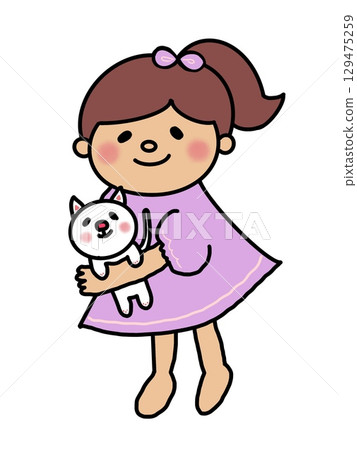 一個綁著馬尾、穿著紫色連身裙的可愛女孩抱著一隻白貓 一個綁著馬尾、穿著紫色連身裙的可愛女孩抱著一隻白貓 129475259