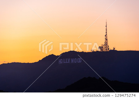 Downtown Los Angeles and Hollywood cityscape, sunset, and night view from the Griffith Observatory, USA 129475274