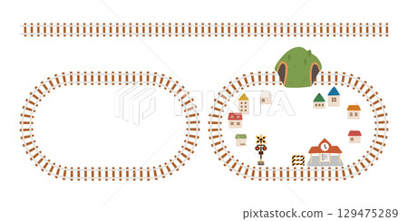 Illustration set featuring oval railway tracks, mountain tunnels, houses and stations 129475289