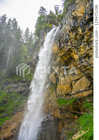 Johannes Waterfall cascades dramatically down rocky cliffs, surrounded by lush greenery and towering trees in the beautiful Austrian Alps, offering a breathtaking view. 129475296