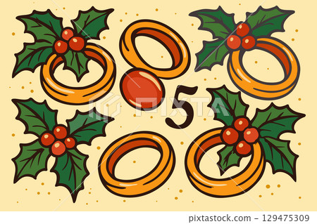 Five gold rings. The twelve days of Christmas. English Christmas carol. Fifth day. Vector isolated illustration Five gold rings. The twelve days of Christmas. English Christmas carol. Fifth day. Vector isolated illustration 129475309