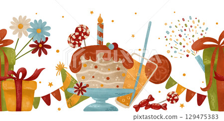 Festive seamless horizontal border: cupcake, candle, candy, garland, confetti, flowers, gifts. Watercolor, pastel illustration in autumn colors. For printing design Festive seamless horizontal border: cupcake, candle, candy, garland, confetti, flowers, gifts. Watercolor, pastel illustration in autumn colors. For printing design 129475383