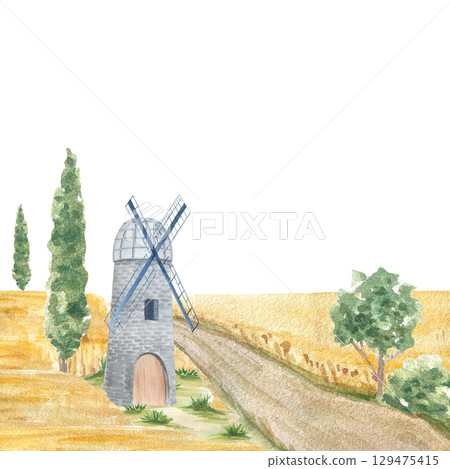 Landscape with stone windmill by a rural dirt road, by golden fields, green trees, and tall cypress. Charming watercolor ideal for greeting cards, wall art, book illustrations, and seasonal stationery 129475415