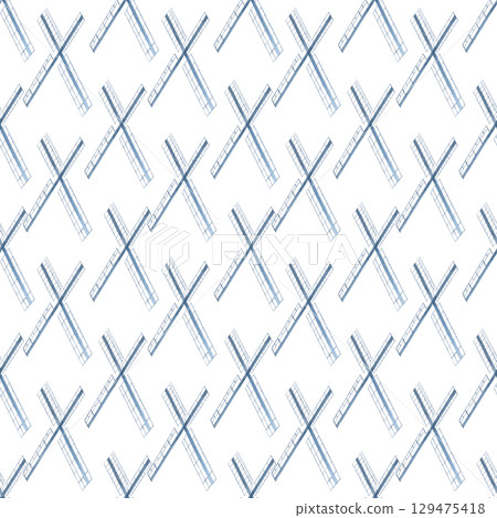 Abstract windmill blades arranged in diagonal rhythm on white background.Seamless watercolor pattern. Airy, architectural design ideal for textiles, packaging, stationery, and eco-themed branding 129475418