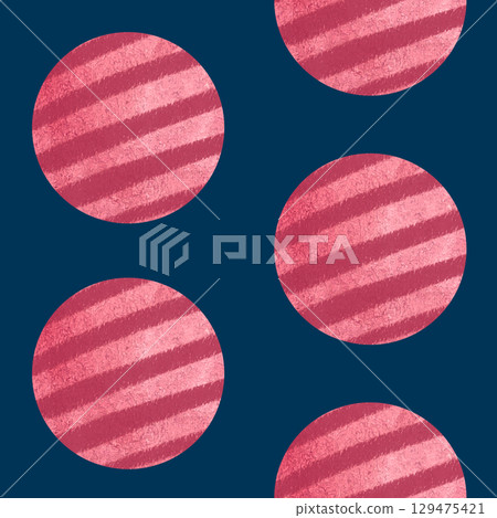 Red balls with stripes. Seamless watercolor half drop pattern isolated on blue. Playful minimal design suitable for childrens products, textiles, wrapping paper, and pet-themed backgrounds Red balls with stripes. Seamless watercolor half drop pattern isolated on blue. Playful minimal design suitable for childrens products, textiles, wrapping paper, and pet-themed backgrounds 129475421