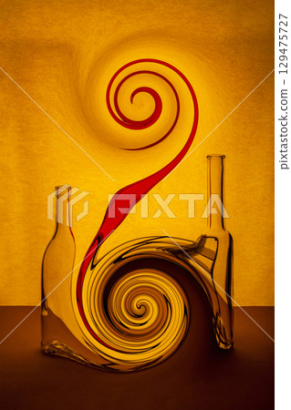 Abstract still life with glass bottles with distortion Abstract still life with glass bottles with distortion 129475727