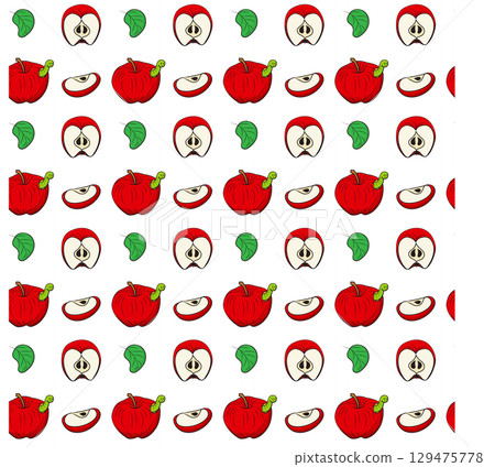 Simple red apple in cartoon style. Seamless pattern. Vector illustration. Simple red apple in cartoon style. Seamless pattern. Vector illustration. 129475778