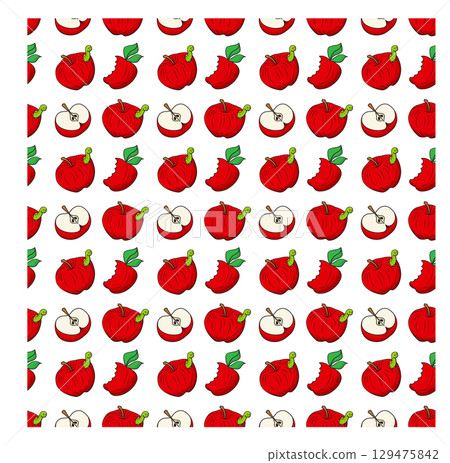 Simple red apple in cartoon style. Seamless pattern. Vector illustration. 129475842