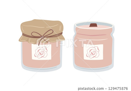 Hand drawn scented wax candle in a glass jar with gift packaging. Home aromatherapy vector illustration. Relaxation and spa. Rose smell 129475876