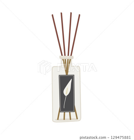 Aroma diffuser bottle with sticks isolated on white background. Aromatherapy hand draw vector illustration. Cozy home. 129475881