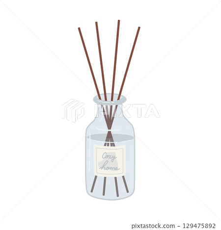 Aroma diffuser bottle with sticks isolated on white background. Aromatherapy hand draw vector illustration. Cozy home. 129475892