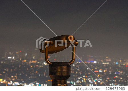 Downtown Los Angeles cityscape and night view from the Griffith Observatory, USA 129475963