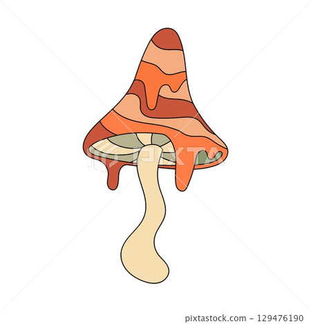 Mushroom in retro cartoon style on white background. Groovy autumn flat vector illustration 129476190