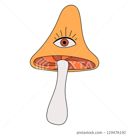 Mushroom in trendy retro cartoon style on white background. Groovy autumn flat vector illustration 129476192
