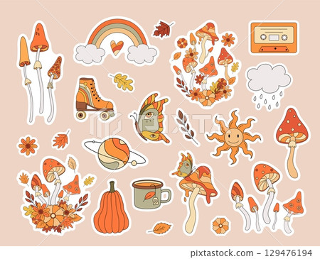 Set of 70s autumn vibe stickers. Retro mushroom, rainbow, pumpkin, butterfly, planet in hippy style. Vintage psychedelic groovy vector illustration. Set of 70s autumn vibe stickers. Retro mushroom, rainbow, pumpkin, butterfly, planet in hippy style. Vintage psychedelic groovy vector illustration. 129476194