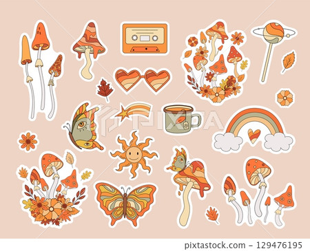 Set of 70s autumn vibe stickers. Retro mushroom, rainbow, glass, butterfly, sun, flower in hippy style. Vintage psychedelic groovy vector illustration Set of 70s autumn vibe stickers. Retro mushroom, rainbow, glass, butterfly, sun, flower in hippy style. Vintage psychedelic groovy vector illustration 129476195