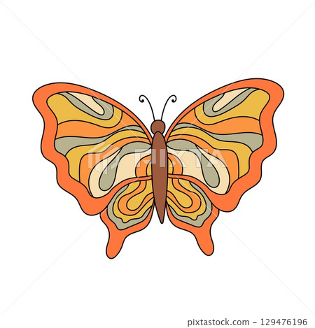 Butterfly isolated on white background. Hippie style groovy vibes 70s 60s style. Butterfly isolated on white background. Hippie style groovy vibes 70s 60s style. 129476196