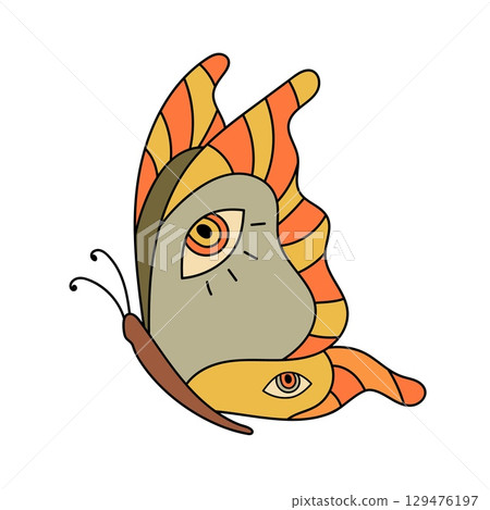 Butterfly isolated on white background. Hippie style groovy vibes 70s 60s style. Butterfly isolated on white background. Hippie style groovy vibes 70s 60s style. 129476197