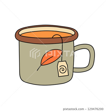 Cup of tea in trendy retro cartoon style. Groovy autumn flat vector illustration 129476200