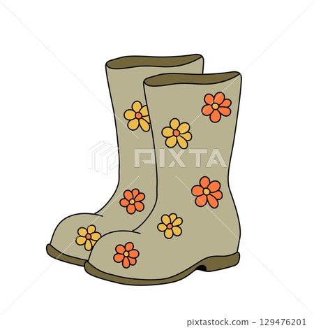 Floral rubber boots in trendy retro cartoon style. Groovy autumn flat vector illustration 129476201