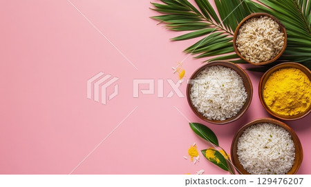 Onm food with sadhya rice on pink background. Traditional food onasadya. 129476207
