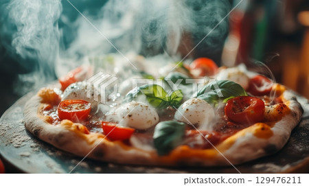 Enjoy a Freshly Baked Margherita Pizza topped with Basil and Mozzarella, perfect for any meal occasion 129476211