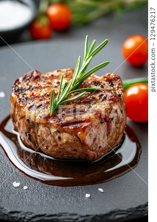 Juicy lamb chop with rosemary and garlic, dripping with rich sauce 129476217