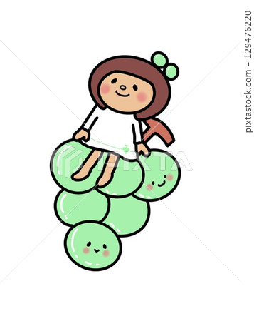 一位留著波波頭、穿著白色連身裙的女孩坐在她最喜歡的綠色 Shine Muscat 葡萄上 129476220