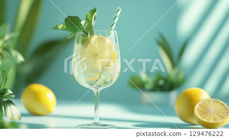 A delightful and refreshing citrus drink made with mint and garnished with fresh lemon for added zest 129476222