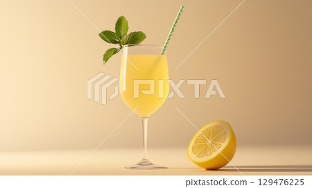 A delightful and refreshing citrus drink made with mint and garnished with fresh lemon for added zest 129476225