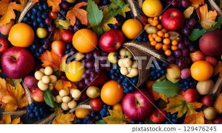 Vibrant Autumn Harvest A Bountiful Array of Seasonal Fruits and Nuts Perfectly Celebrating This Time of Year 129476245