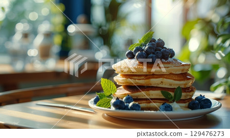 A Delicious Towering Stack of Fluffy Blueberry Pancakes Topped Generously with Whipped Cream and Fresh Mint 129476273