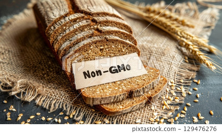 Sliced bread with loose grains on the surface and a Non-GMO label on the burlap 129476276