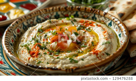Middle Eastern mezze platter with hummus, baba ganoush, and pita bread 129476288