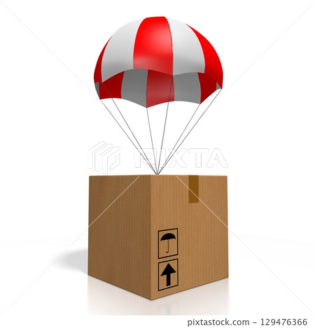 Package on parachute - delivery concept - 3D illustration Package on parachute - delivery concept - 3D illustration 129476366