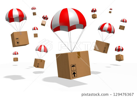 Packages on parachutes - delivery concept - 3D illustration 129476367