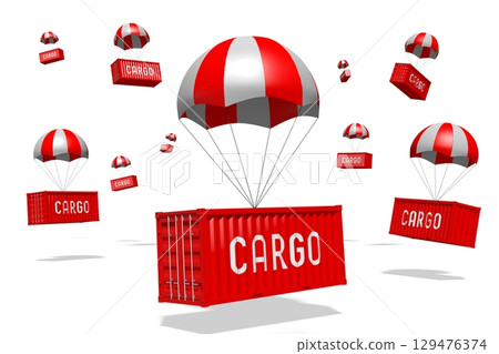 Cargo container on parachutes - delivery concept - 3D illustration 129476374