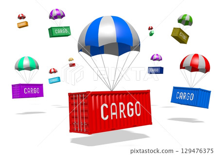 Cargo container on parachutes - delivery concept - 3D illustration 129476375