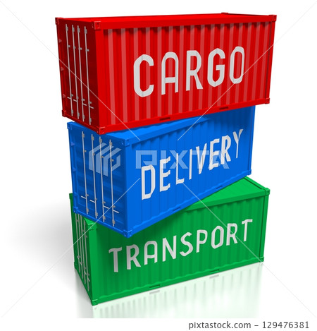Three cargo containers on white background - 3D illustration 129476381