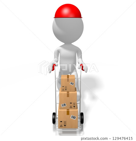 Courier with packages on hand cart - 3D illustration 129476415