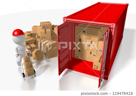 Courier unpacking cargo container - 3D illustration 129476428