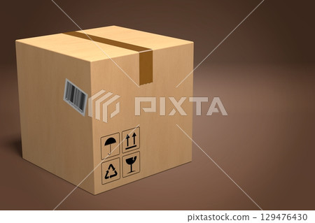 Carboard package on brown background - 3D illustration 129476430