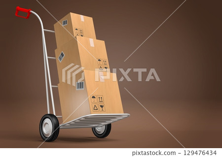 Hand cart with packages on brown background - 3D illustration 129476434